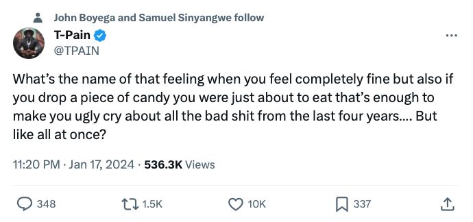 Screen shot of a Tweet dated January 17, 2024 by T-Pain. The text of the Tweet is "What's the name of that feeling when you feel completely fine but also if you drop a piece of candy you were just about to eat that's enough to make you ugly cry about all the bad shit from the last four years .... But like all at once?"